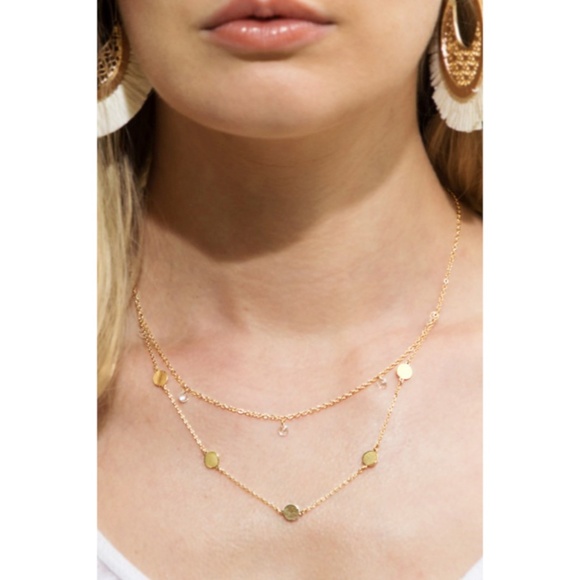 SOLD OUT Gold Double Layered Crystal Charm Gold Tone Disc Necklace Women's - Picture 3 of 6
